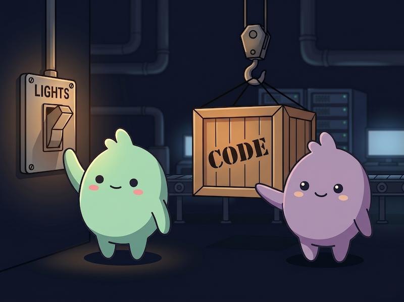Lights-off software factory — Max and Dot beside a LIGHTS switch as code crates move on a conveyor